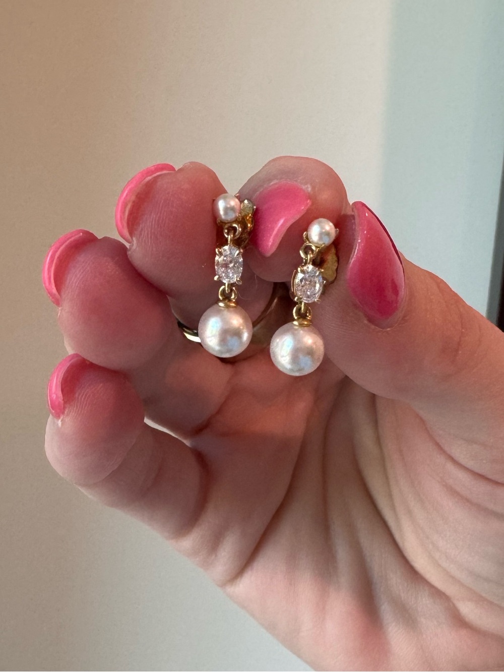 Gold Pearl Drop Earrings with Clear Stone Accent